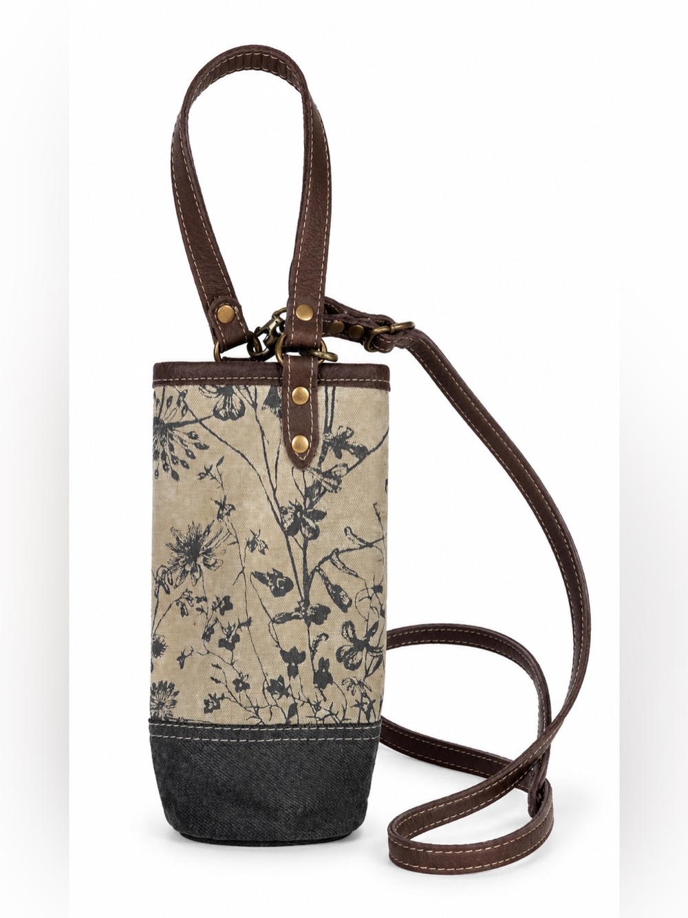 Myra Bag Floral Canvas & Leather Water Bottle Holder Crossbody Wine Carrier